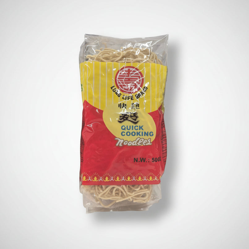 Packaged noodles with a red and yellow label on a shelf.