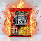 Packaged ramen noodles with a red and black label on a white background