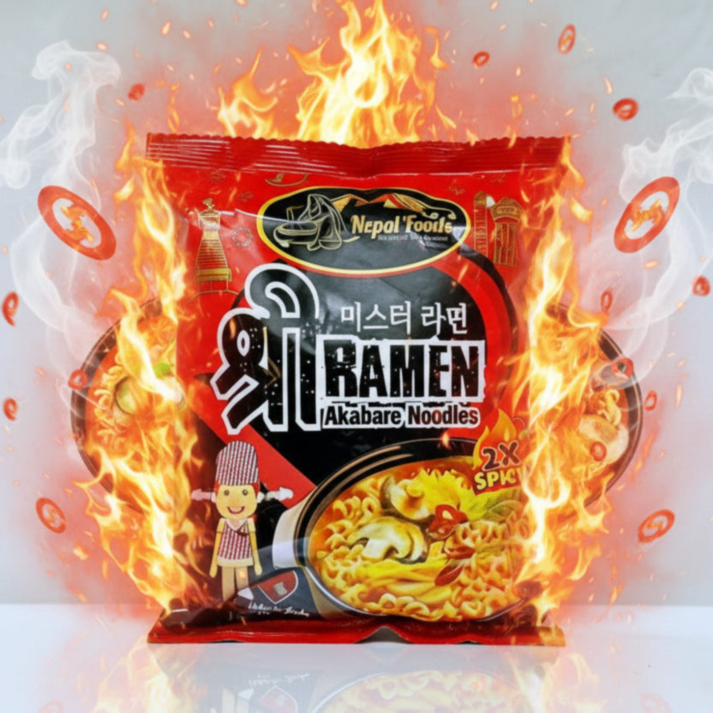 Packaged ramen noodles with a red and black label on a white background