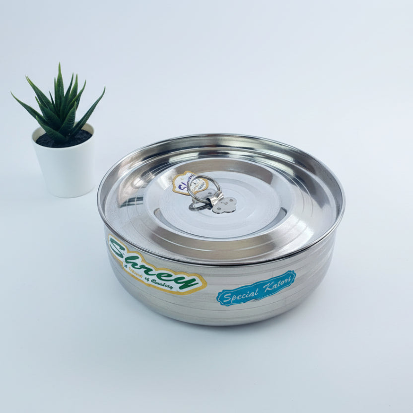 A large silver steel masala box with a lid, placed on a white surface, with a small potted plant in the background.