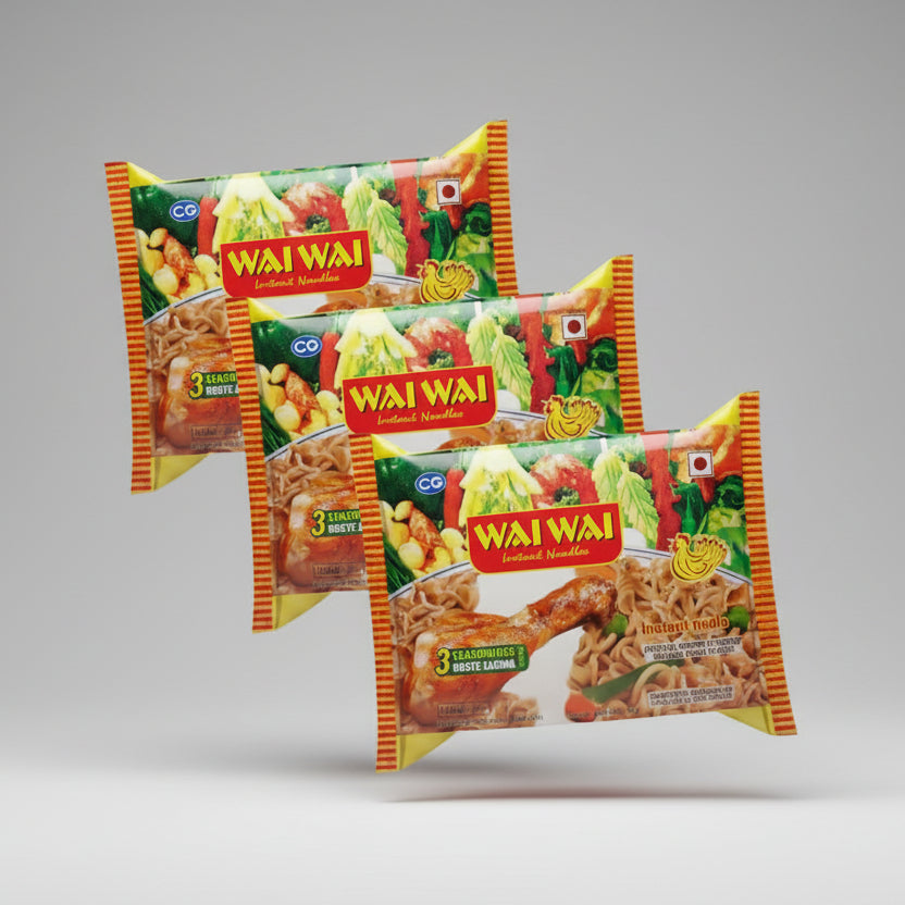 Three packages of Wai Wai instant noodles on a white background