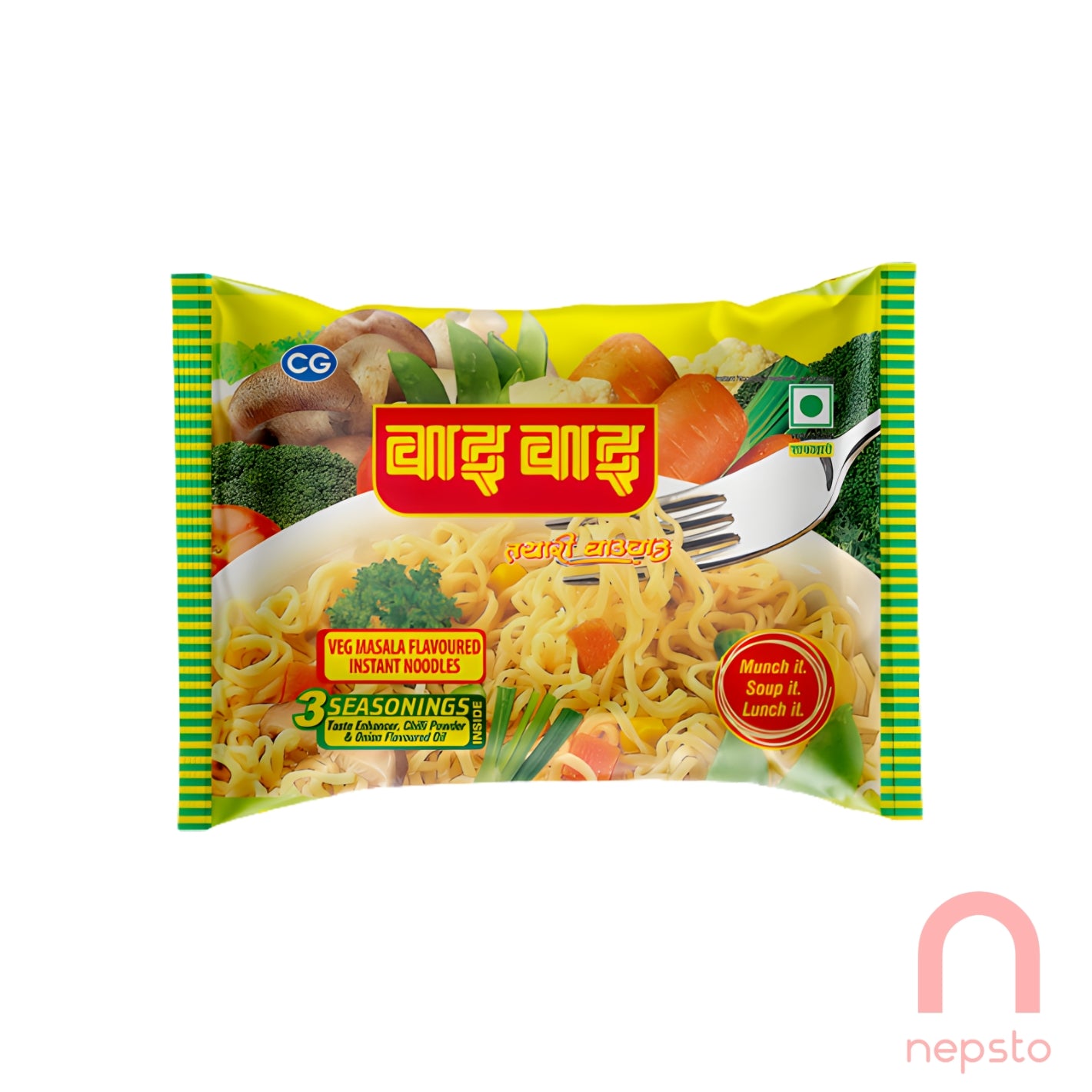 Packaged instant noodles with visible branding on a white background